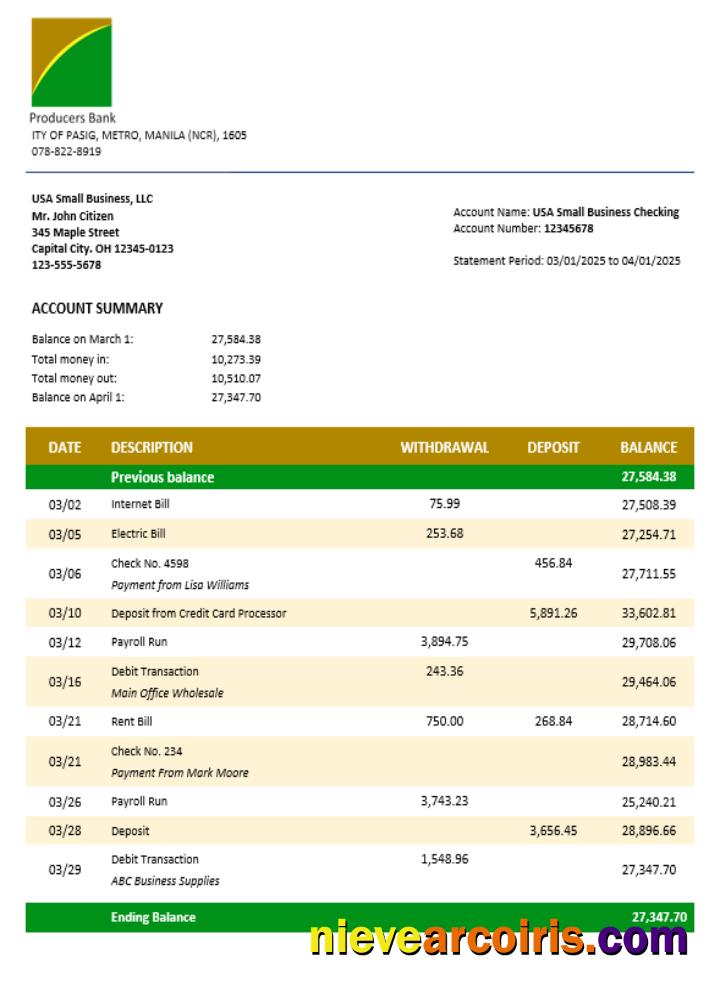 Producers Bank business bank statement